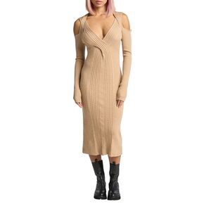 Lita by Ciara Beige Cold Shoulder Wool Midi Knit Sweater Dress M